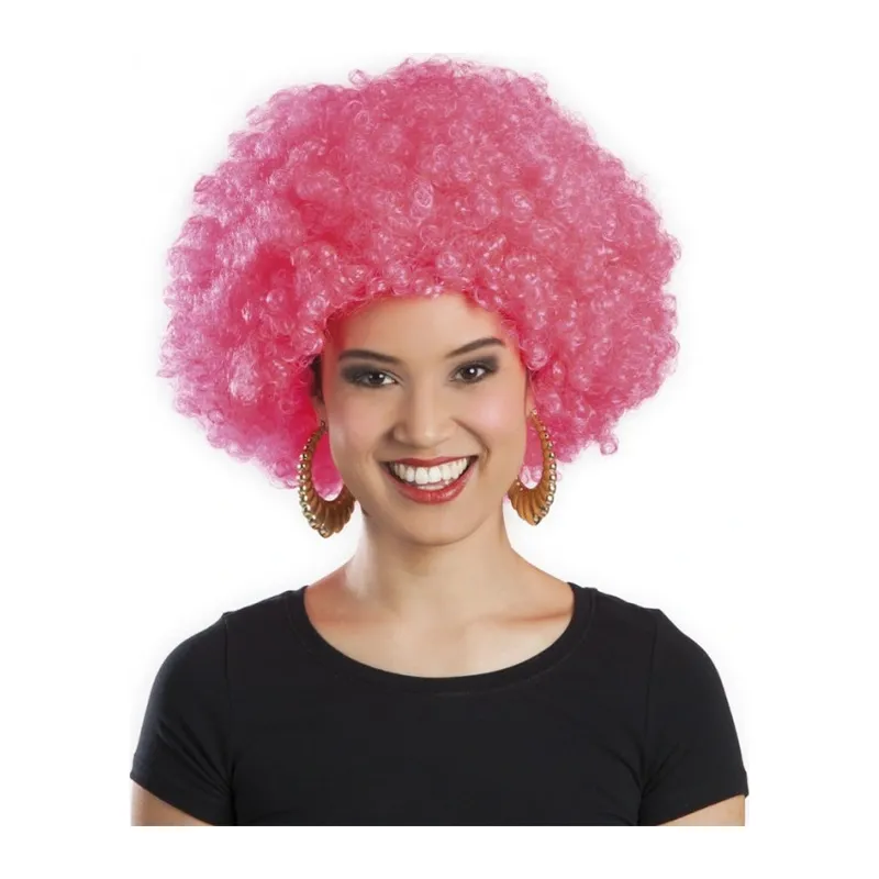 Pembe Renk Kıvırcık Afro Bonus Peruk