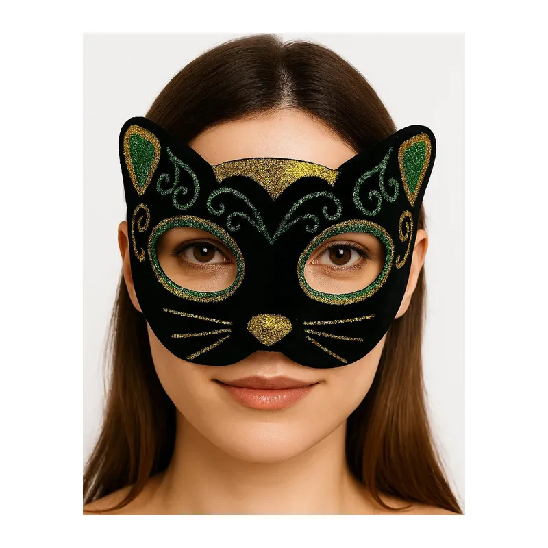 Siyah Kadife Kaplama Üzeri Sarı Yeşil Sim İşlemeli Kedi Maskesi 20x13 Cm