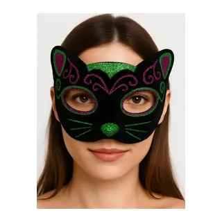 Siyah Kadife Kaplama Üzeri Pembe Yeşil Sim İşlemeli Kedi Maskesi 20x13 Cm