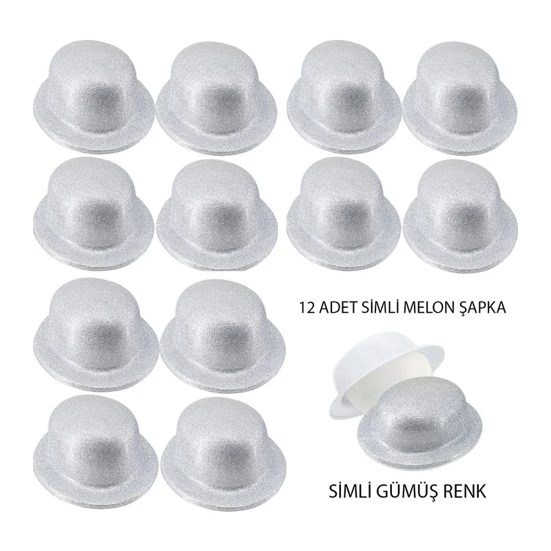 Gümüş Renk Simli Melon Yuvarlak Parti Şapkası 12 Adet
