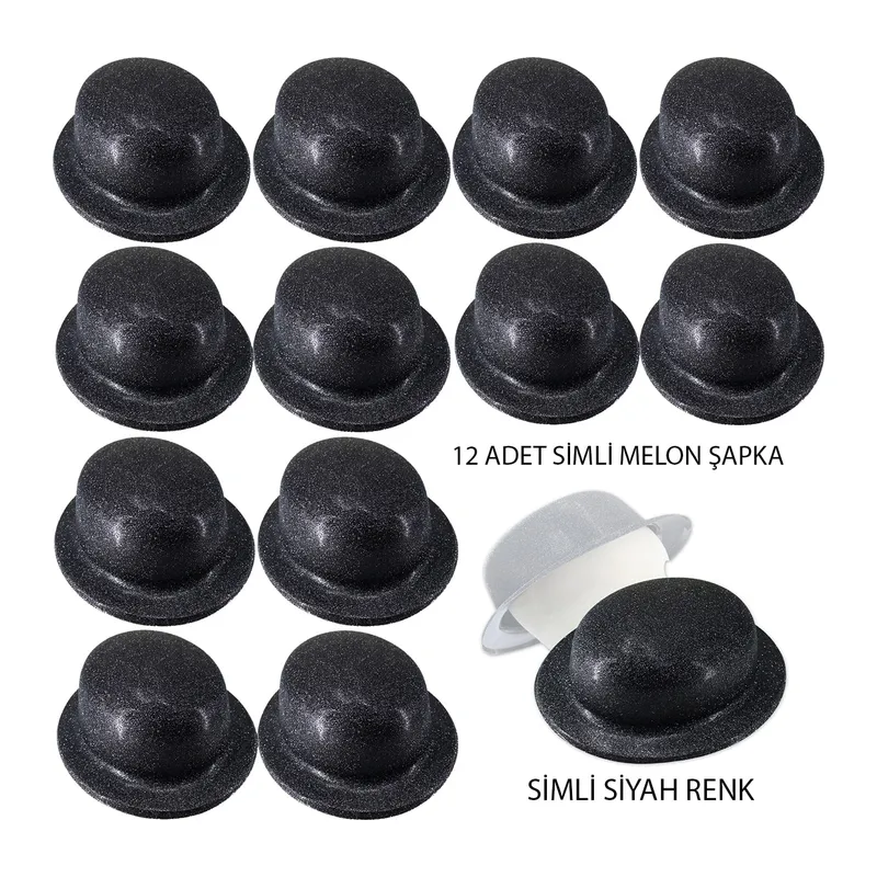 Siyah Renk Simli Melon Yuvarlak Parti Şapkası 12 Adet