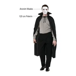 Siyah Renk Yakalı 120 Cm Pelerin Ve Beyaz Anonim Maske
