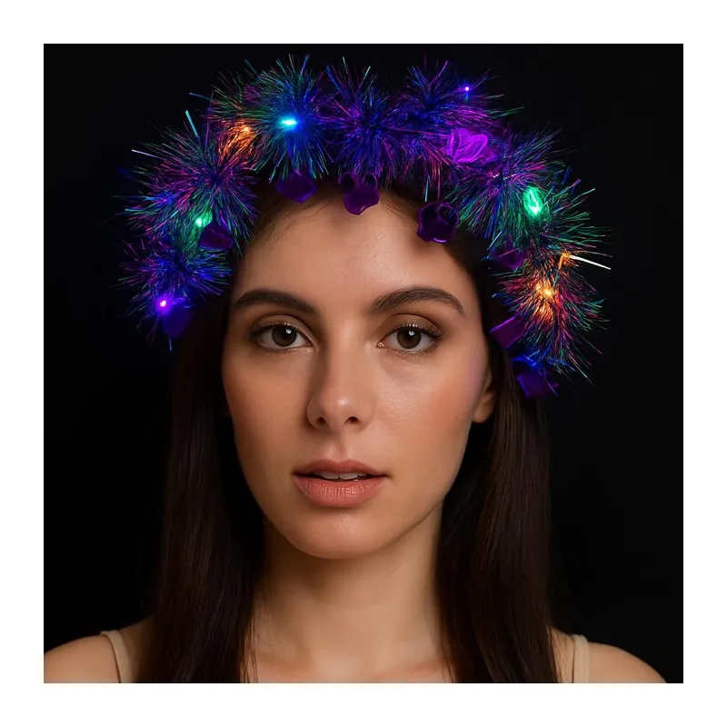 Kalp Püsküllü Gece Parıltısı 3 Modlu Led'li Işıklı Taç Mor Renk