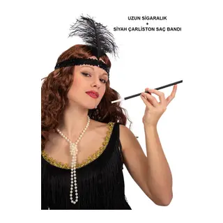 1920'ler Gatsby Aksesuar Seti – Siyah Charleston Saç Bandı & Sigaralık