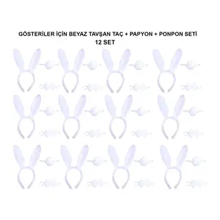 Beyaz Tavşan Kostüm Seti – Taç, Papyon, Kuyruk (12’li Paket)