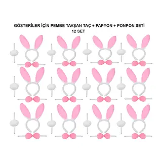 Pembe Tavşan Kostüm Seti – Taç, Papyon, Ponpon (12’li Paket)