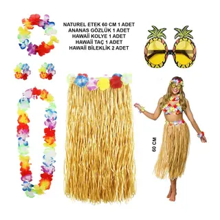 Hawaii Parti Kostüm Seti - 60 Cm Hasır Etek, Çiçekli Aksesuarlar Ve Ananas Gözlük