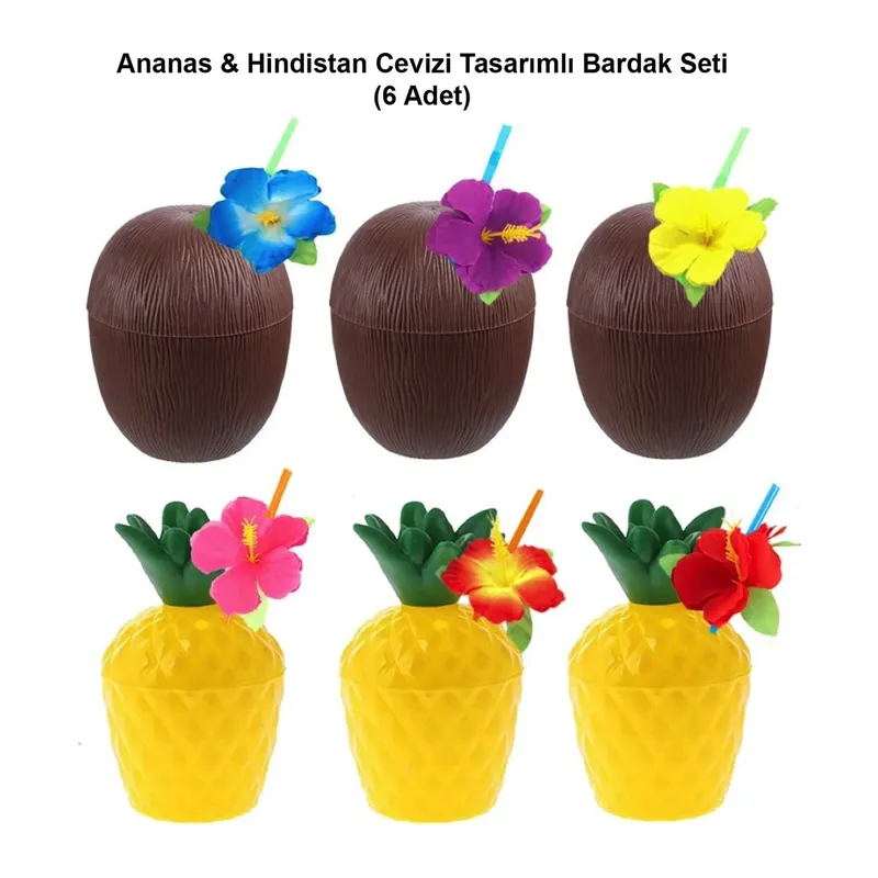 Ananas & Hindistan Cevizi Tasarımlı Pipetli Bardak Seti (6 Adet)