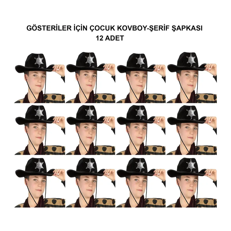 Kovboy Şerif Şapkası Siyah 12 Adet - Kostüm, Parti Ve Gösteri Şapkası