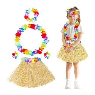 Yetişkin Çocuk Hawaii Parti Seti - 40 Cm Naturel Etek + Çiçek Aksesuarlar (5 Parça)