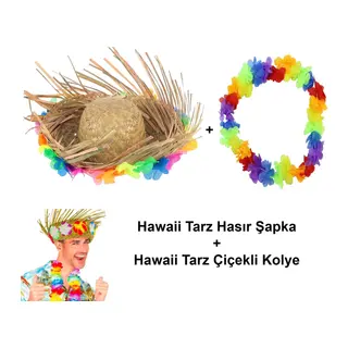 Hawaii Tarzı Tropikal Çiçekli Hasır Şapka Ve Çiçekli Hawaii Kolye