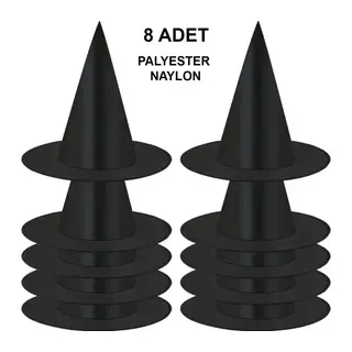 8 Adet Siyah Cadı Şapkası – Yetişkin & Çocuk Kostüm Aksesuarı