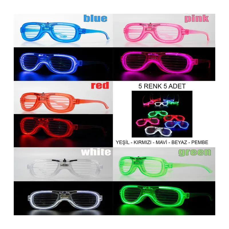 Glow Model Led Işıklı Parti Gözlüğü 3 Modlu 5 Renk 5 Adet