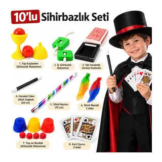10 Parçalı Çocuk Sihirbazlık Seti – Sihirli Değnek, Baston Ve Sihir Oyunları