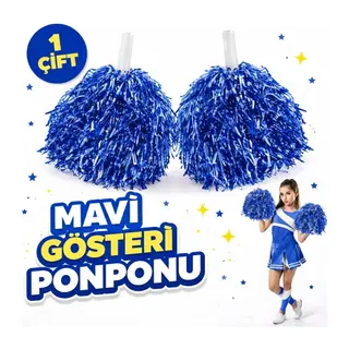 1 Çift (2 Adet) Mavi Renk 23 Nisan 19 Mayıs 29 Ekim Okul Gösteri Ponponları Ekstra Dolgun