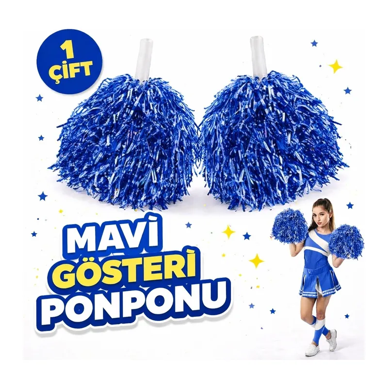 1 Çift (2 Adet) Mavi Renk 23 Nisan 19 Mayıs 29 Ekim Okul Gösteri Ponponları Ekstra Dolgun