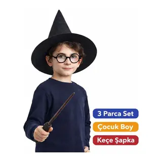 Harry Potter Tarzı Çocuk Seti (siyah Keçe Şapka, Asa, Gözlük)