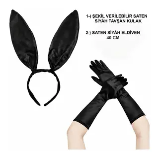 Siyah Parlak Tavşan Kulak Ve 40 Cm Parlak Siyah Eldiven Kostüm Seti