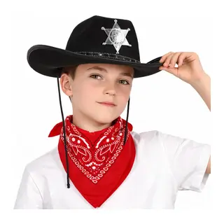 Çocuk Kovboy Şapka Rozetli Siyah & Kırmızı Bandana Fular Seti