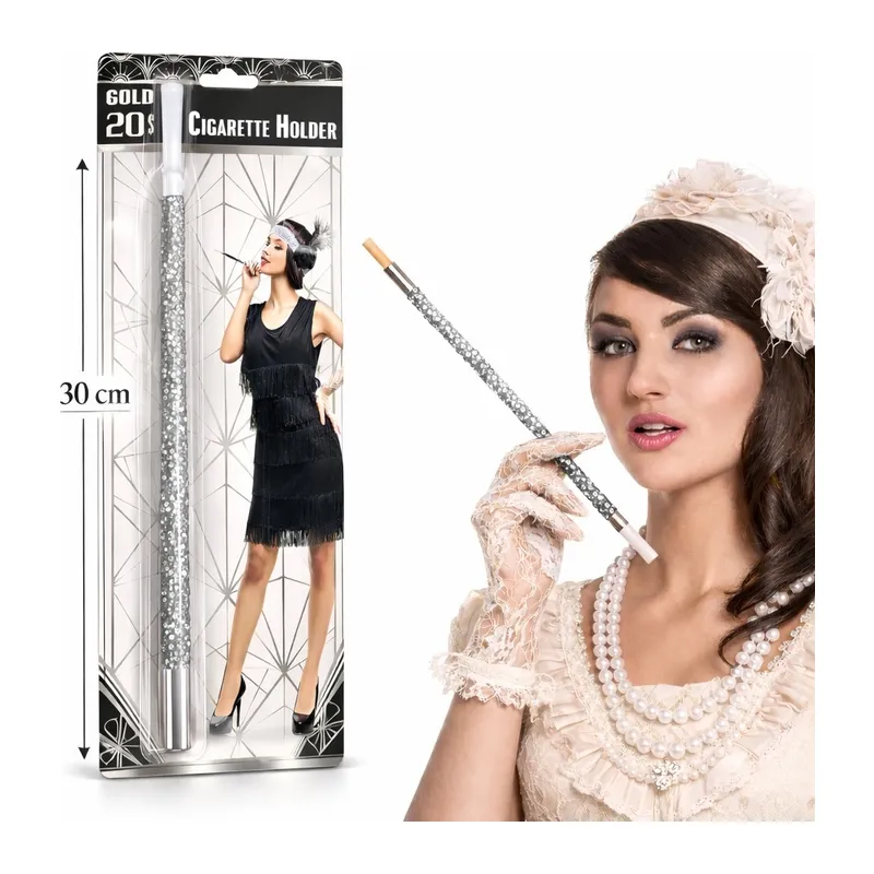 30 Cm Gümüş Payetli Sigara Tutacağı – 1920’ler Gatsby Parti Aksesuarı