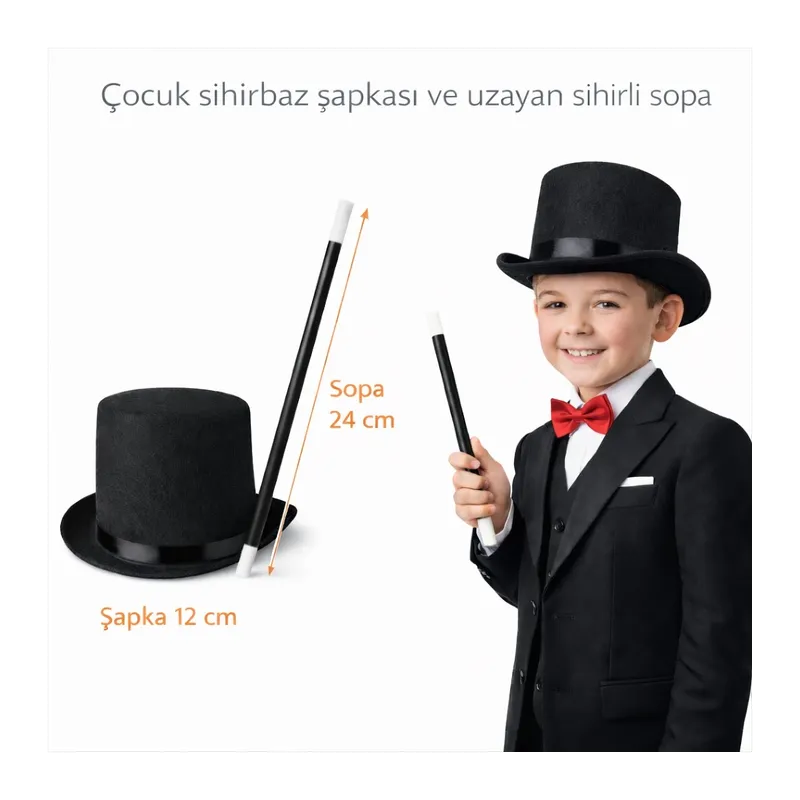Çocuk Sihirbaz Şapkası Ve Uzayan Yaylı Sihirli Sopa Seti
