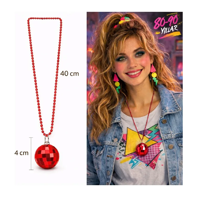 Retro Disko Topu Şekilli 80'ler 90'lar Kırmızı Renk Plastik Kolye