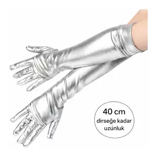 Gümüş Renk Dirsek Altı Lüks Saten Eldiven 40 Cm