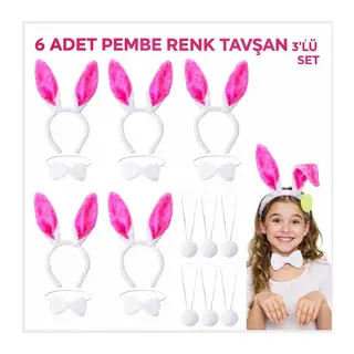 Şeker Pembesi Tavşan Sahne Seti 6'lı Set Taç Papyon Kuyruk