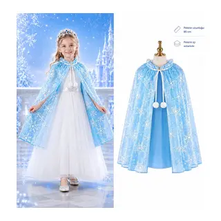 Kar Tanesi Desenli Mavi Elsa Pelerini - Astarlı Frozen Pelerini 85 Cm
