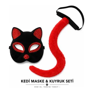 Kırmızı Kedi Maske Ve Kuyruk Seti Parti Kostüm Aksesuarı