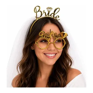 Bride Yazılı Gold Taç Ve Parti Gözlüğü Seti