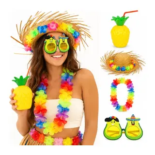 4 Parça Hawaii Parti Seti Ananas Bardak Hasır Şapka Avokado Gözlük Çiçek Kolye