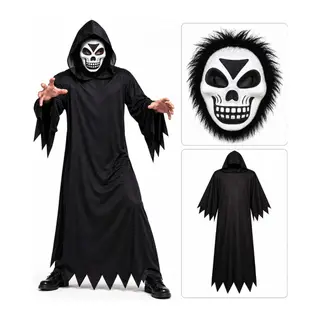 Tüylü Eva Kafatası Maskeli Siyah Hayalet Kostümü – 140 Cm
