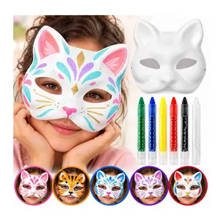 Boyanabilir Kedi Maskesi Ve 6 Renk Boya Kalemi Seti – 7 Parça