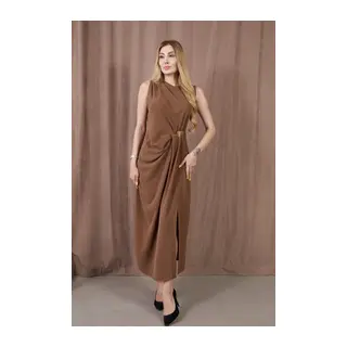 Kadın Kalın Askılı Yırtmaçlı Linda Kumaş Elbise - Renkli / L