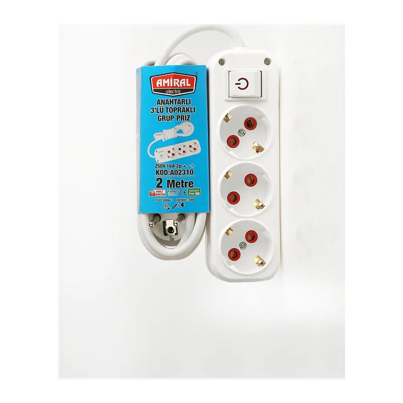 Amiral 3' lü Topraklı lı 2 Metre Kablolu Grup Priz