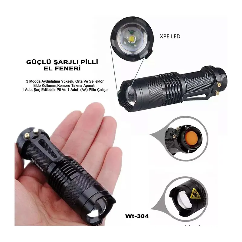 Mini Güçlü Şarjlı Pilli EL Feneri Wt-304