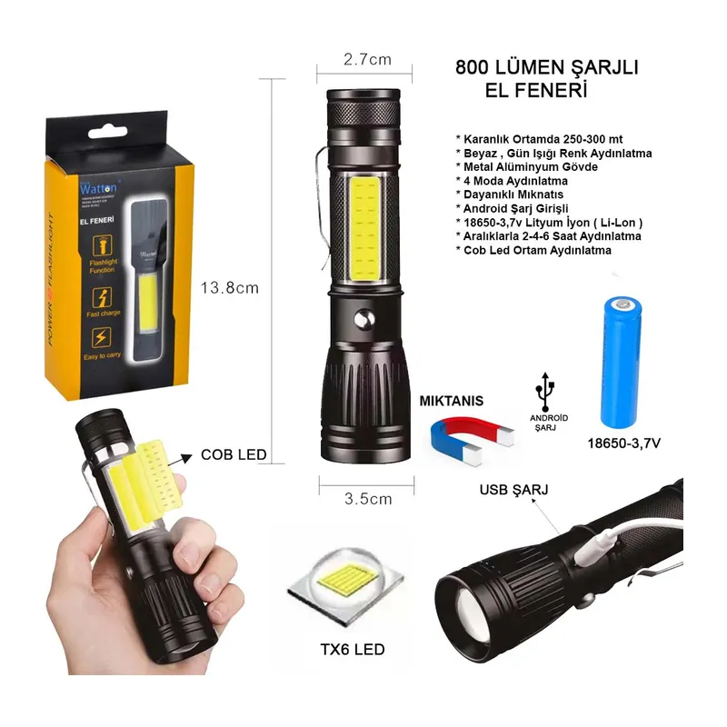 Uzun Menzilli EL Feneri Mıknatıslı Wt-602