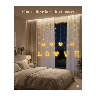 3 Metre Perde Led Işık - 8 Modlu Kalp ve LOVE Figürlü Dekoratif Animasyonlu Led