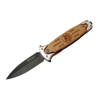 FS 11033 rengi Kurtarma / Kamp Çakısı 20cm - Yarı Otomatik, Kurt İşlemeli Ahşap Sap, Kemerlikli