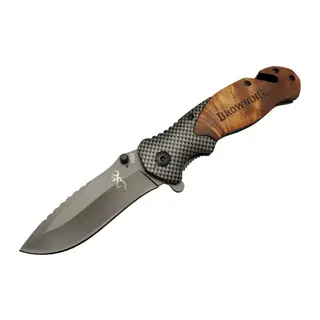 Browning X50 rengi Kurtarma / Kamp Çakısı 20,5cm- Yarı Otomatik, Kemerlikli, Ahşap Sap, Cam Kırma ve İp Kesme Aparatlı