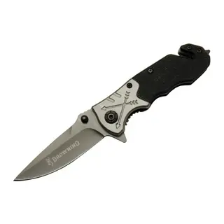Browning 8-10 Siyah Kurtarma / Kamp Çakı 16,5cm - Yarı Otomatik, Kemerlikli, Cam Kırma ve İp Kesme Aparatlı, Ok Figürlü Sap