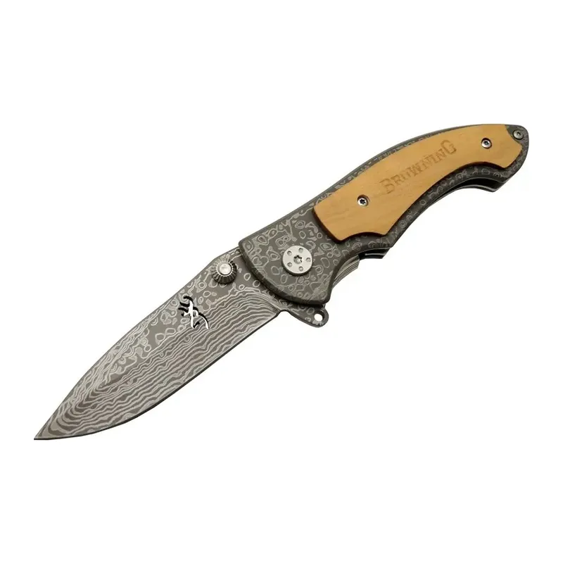 Browning 2-31 Damascus Kamp Çakı 19,5cm - Yarı Otomatik, Kemerlikli, Ahşap; Metal Sap