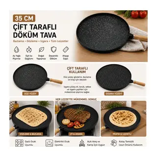 35 cm Döküm Gözleme Tası Çift Taraflı Bazlama Izgara Tası Ahşap Saplı Yapışmaz