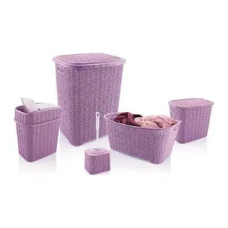 5 Parça Örgü Desenli Plastik Banyo Seti Çamaşır Sepeti Deterjanlık Kovası Klozet Fırçası - Mor