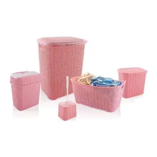 5 Parça Örgü Desenli Plastik Banyo Seti Çamaşır Sepeti Deterjanlık Klik Kovası Klozet Fırçası