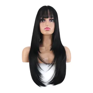 Katlı Kesim Perçemli Düz Fiber Sen Uzun Boy Peruk / Siyah