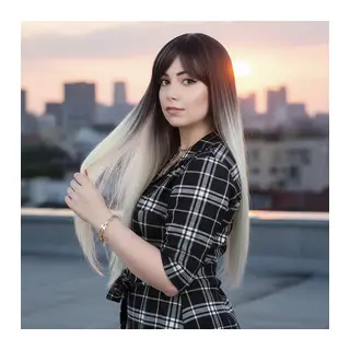 Fiber Sen Uzun Düz Kahküllü Peruk / Küllü Siyah / Platin Ombreli