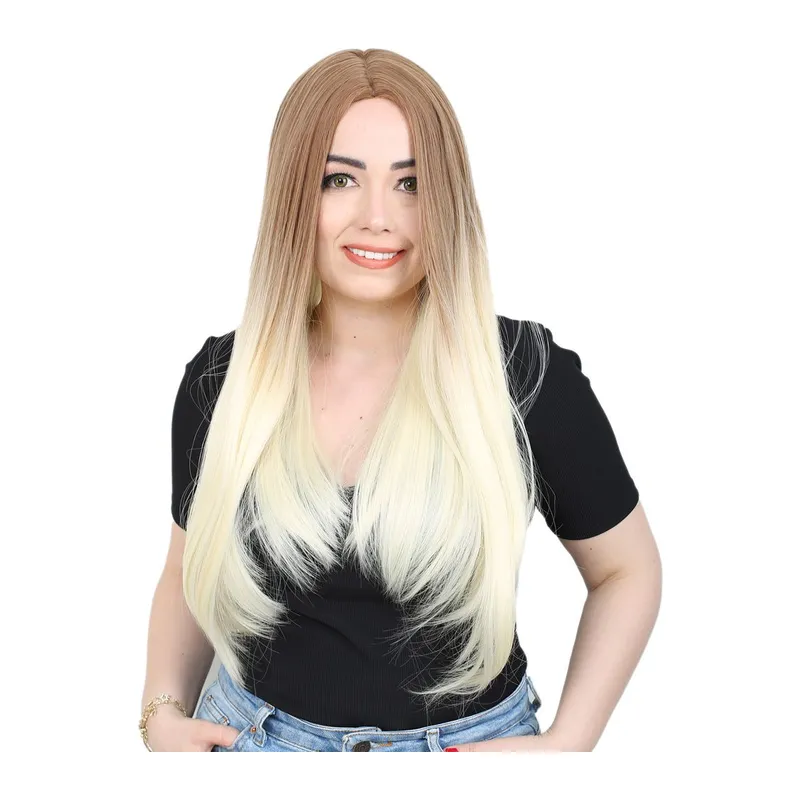 Fiber Sen Uzun Düz Peruk / Balköpüğü / Platin Ombreli