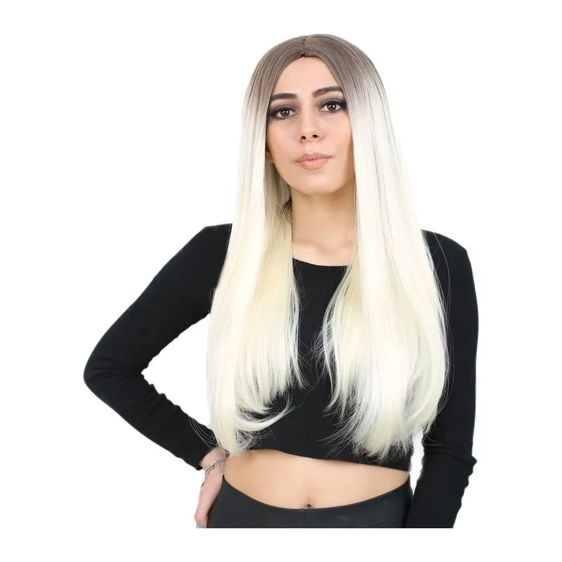 Fiber Sen Uzun Düz Peruk / Küllü Açık / Platin Ombreli